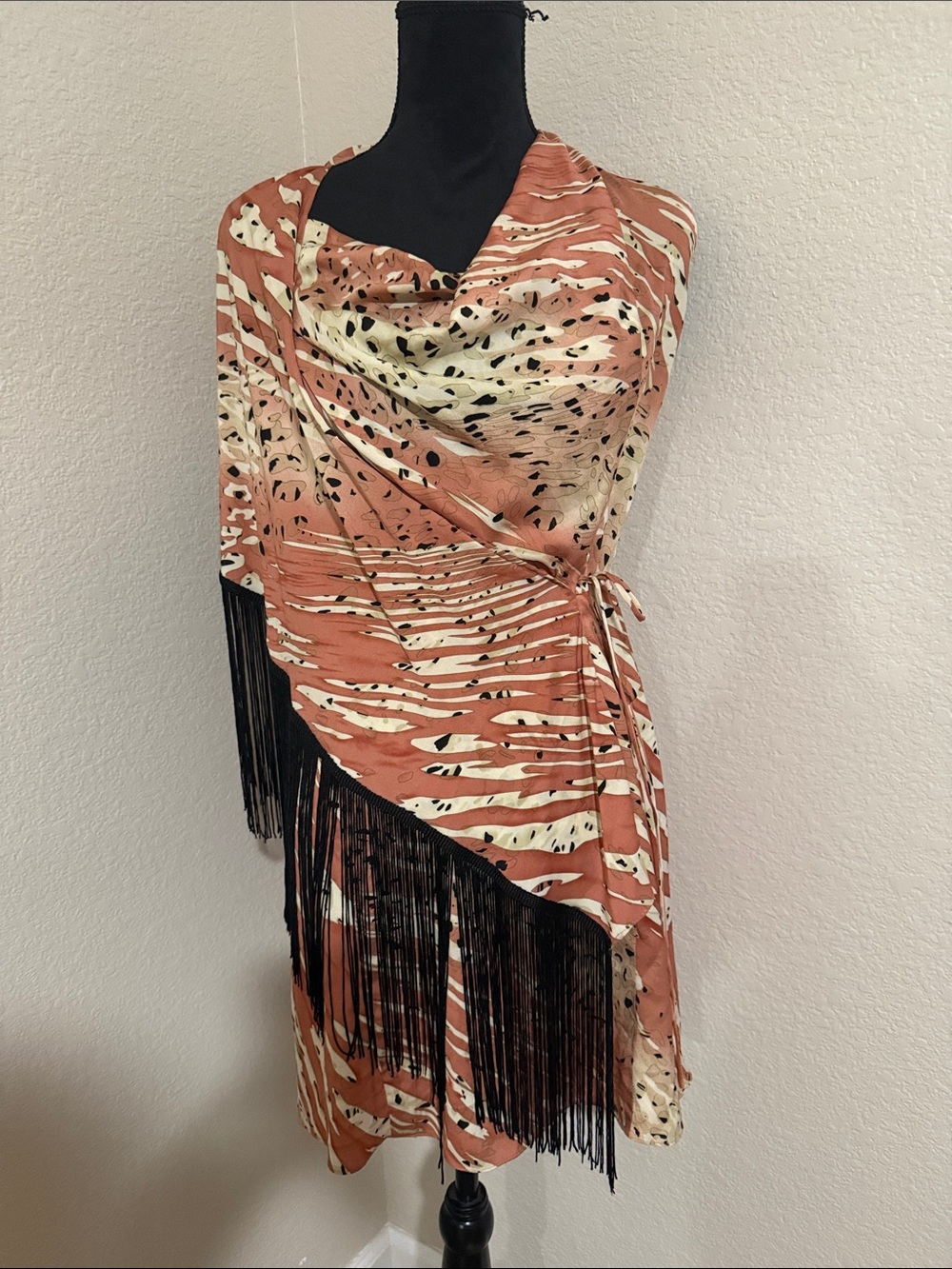 Ark & Co Rust, Cream & Black One-Shoulder Wrap Dress with Fringe